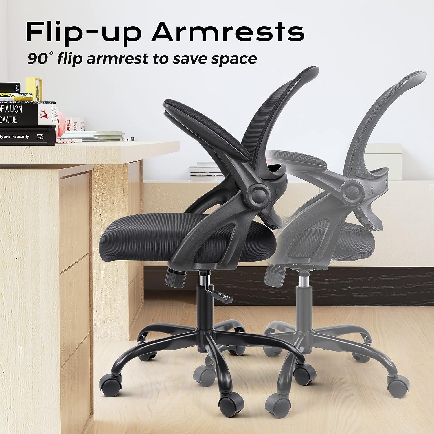 Ergonomic Mesh Office Chair with Lumbar Support, Wheels, Flip-up Arms, Swivel, Adjustable Height - Black