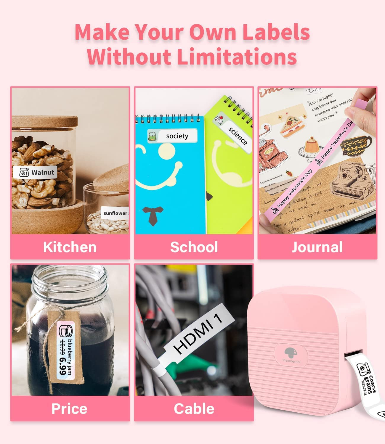 Compact Bluetooth Mini Label Maker: A Sticker Maker Machine that's Compatible with iOS & Android. This Pink Labeler is Great for Home, Office, and Organization Tasks, and it's Conveniently USB Rechargeable.