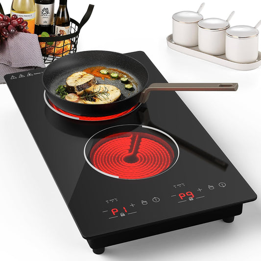 12-Inch Built-in Radiant Electric Stove Top - Electric Ceramic Cooktop with 2 Burners, 110V, 9 Heating Levels, Timer, Kid Safety Lock, and Sensor Touch Control.