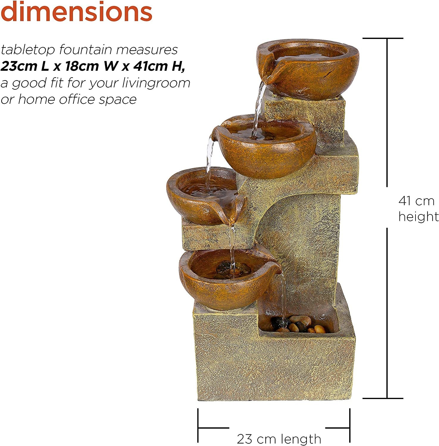  Tiering Pots Fountain, 9" Length x 7" Width x 16" Height, Brown