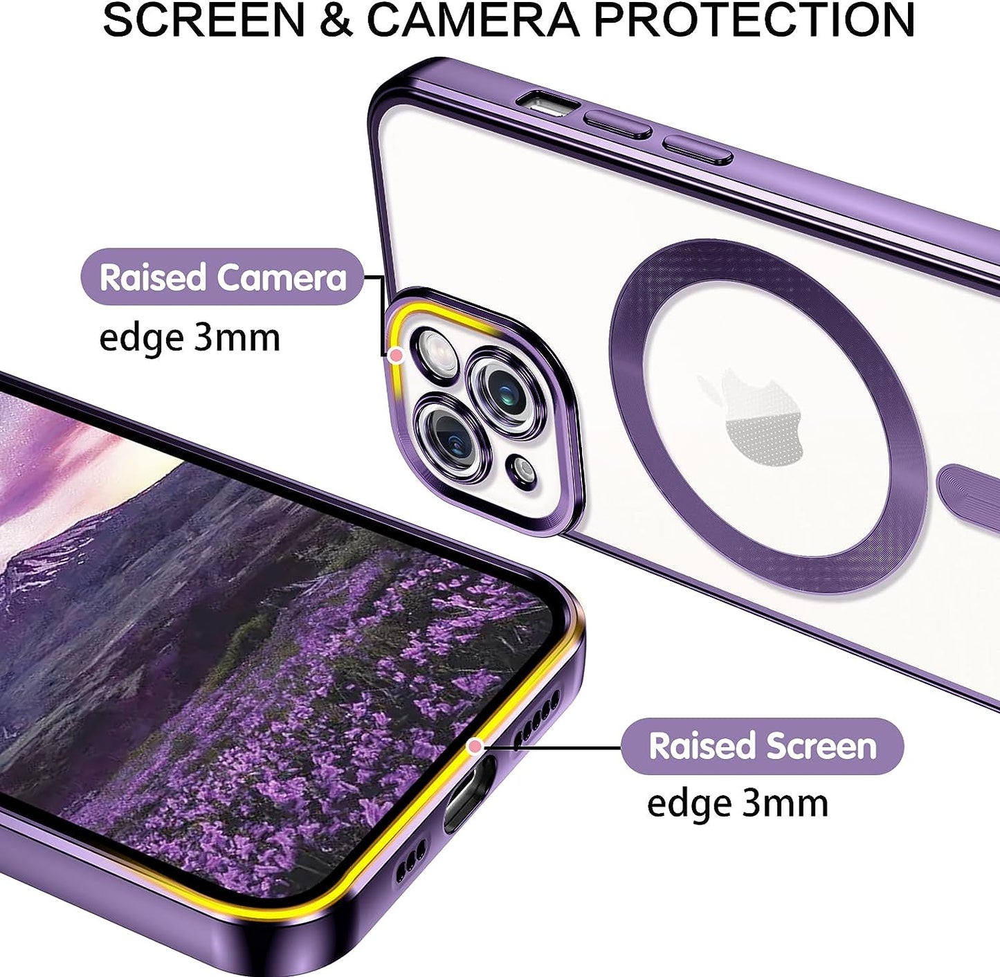 iPhone 13 Case - Cute luxury clear phone case with Magsafe support, shockproof, full-body camera protection. Designed for iPhone 13 2021, 6.1-inch. Clear purple color.