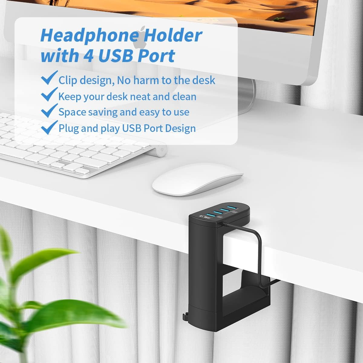 2-in-1 Desk Headphone Hanger Hook with USB Port and 4 USB Ports, Adjustable Rotating Arm Clamp - Black