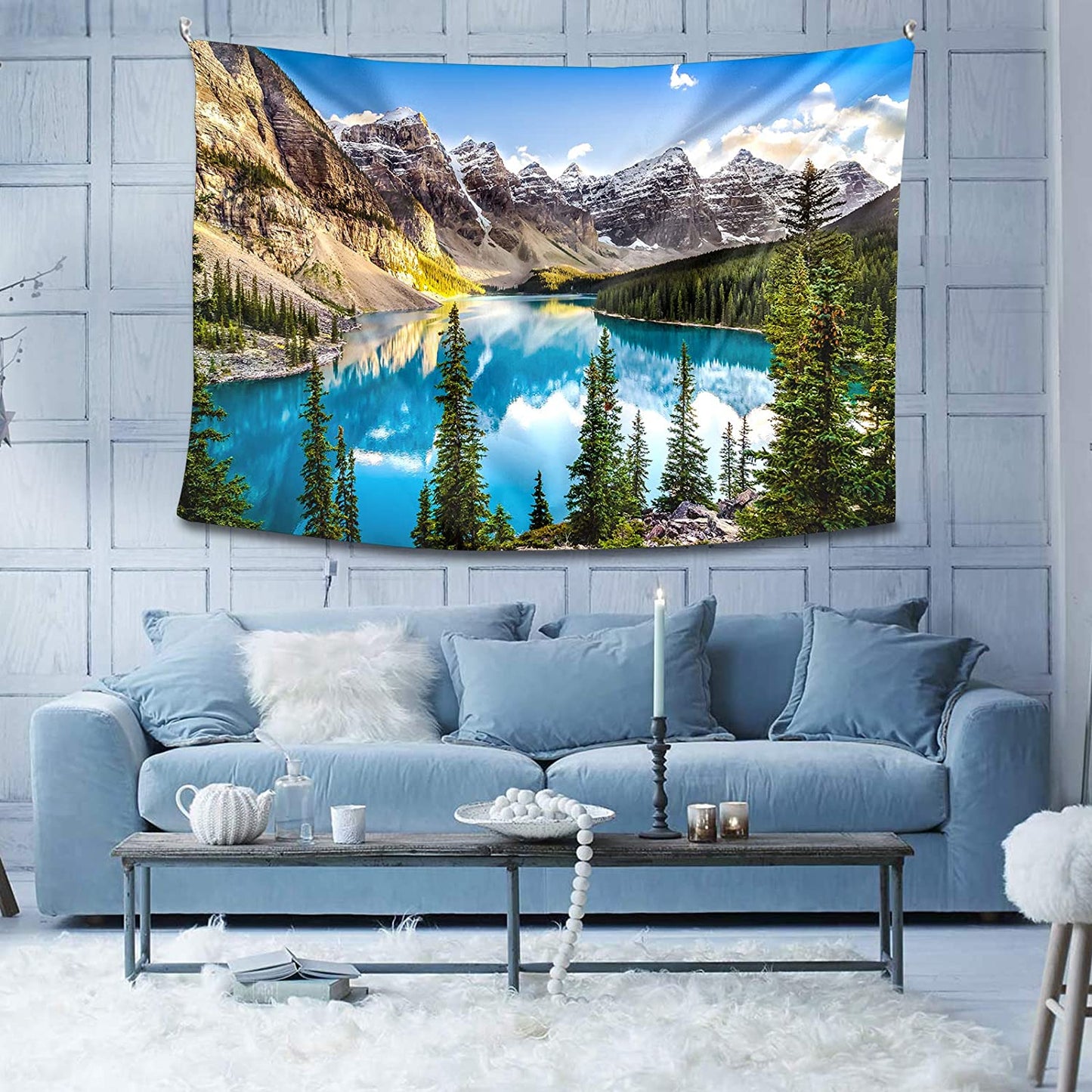 Moraine Lake Sunset Landscape Tapestry - 59.1x78.7 Inch Forest & Mountain Range Wall Hanging