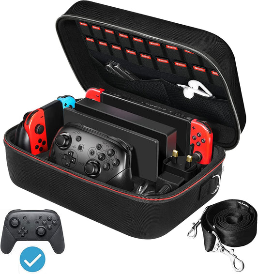  Carrying Storage Case for Nintendo Switch/Switch OLED Model (2021) - Portable Travel Protective Hard Messenger Bag with Soft Lining, Accommodates 18 Games, Switch Console, Pro Controller & Accessories - Black