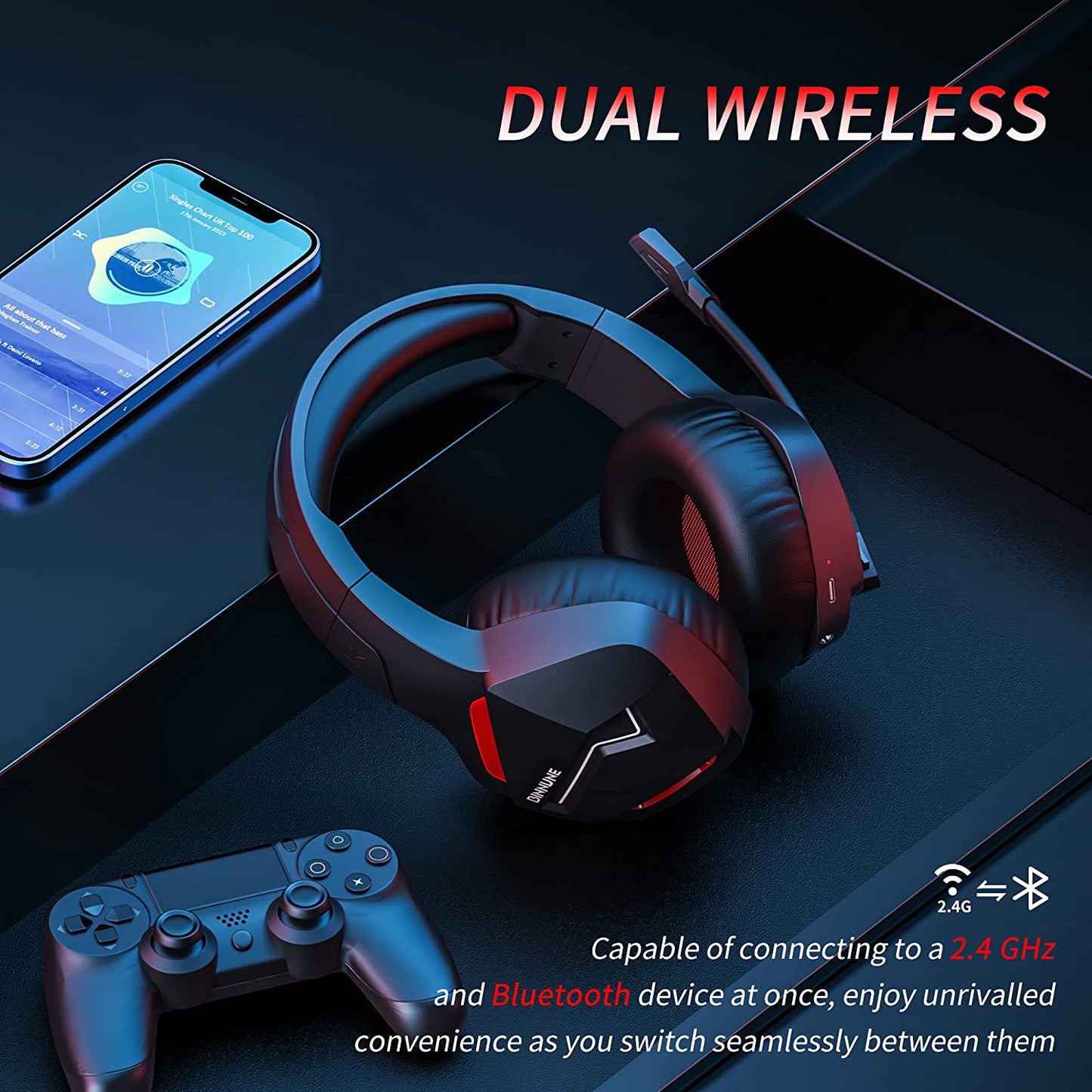 Wireless Gaming Headset with Microphone - 2.4G Connectivity for PC, PS4, PS5, and Playstation. Bluetooth Enabled Casque Gaming Sans Fil for Gamer Headphones with Mic, Compatible with Computer and Laptop