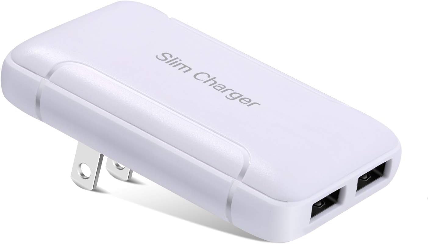 Dual Port USB Wall Charger with Foldable Plug - Slim, Portable Travel Adapter for iPhone, Samsung Galaxy, Nokia, Moto, Pixel, and More - White