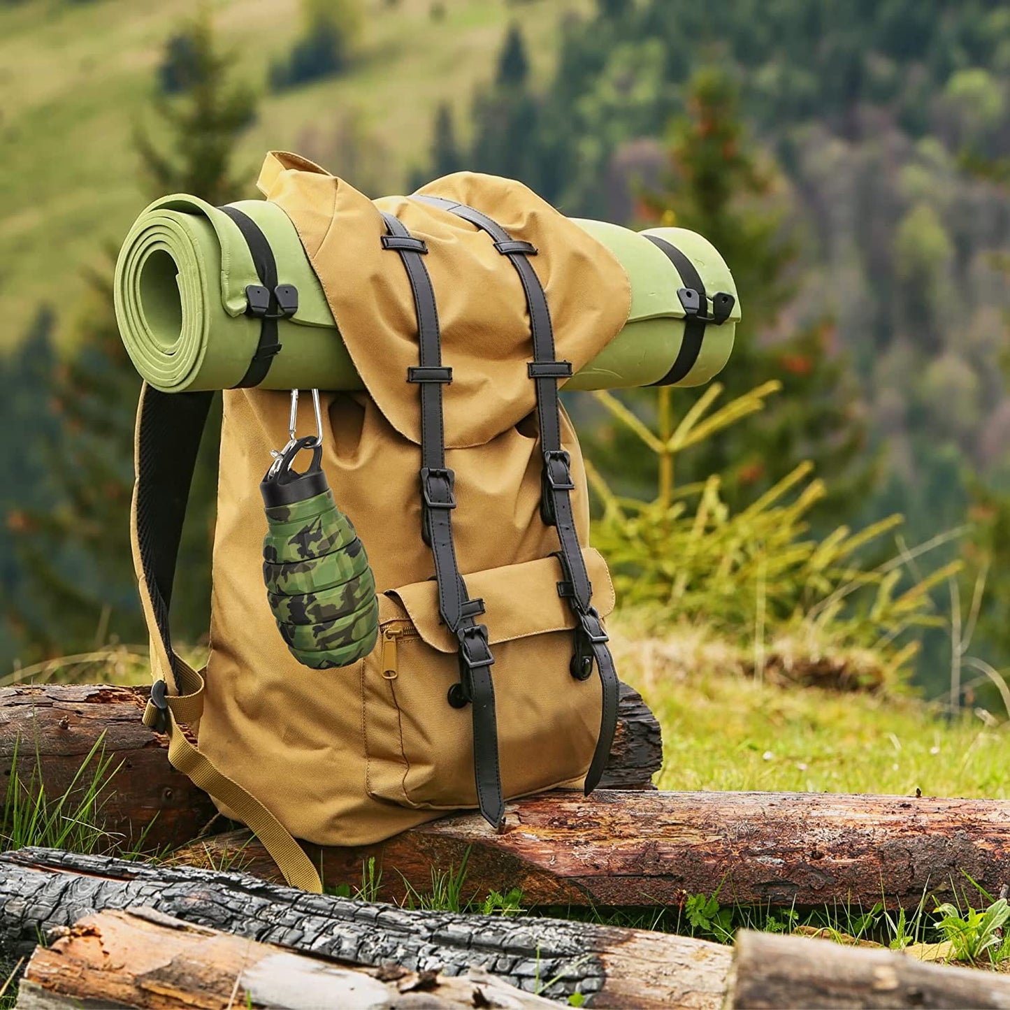 20 oz Camo Collapsible Water Bottle with 2 Lids, Carabiner, and Box - Ideal for Hiking, Camping, and as a Gift for Men - Portable Army Military-style Gym Bottle.