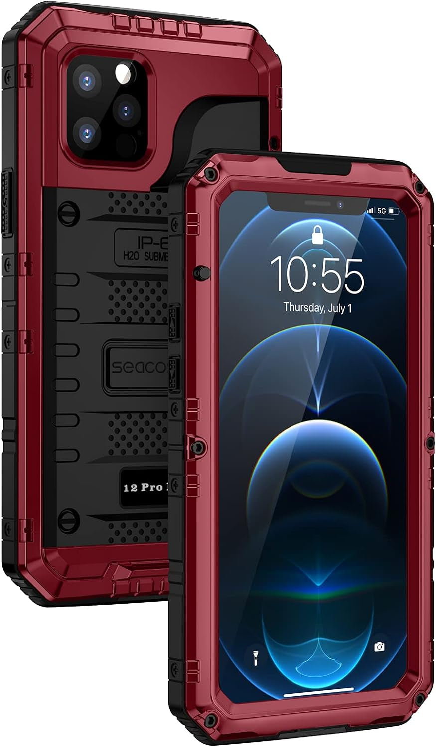 Military Grade Rugged Heavy Duty Waterproof Case for iPhone 12 Pro Max - Full Body Protection with Built-in Screen Protector - Red