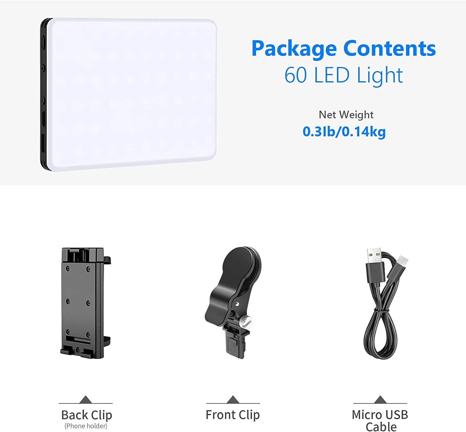 Portable LED Selfie Light with Front & Back Phone Clip, 60 High Power LEDs, 2000mAh Rechargeable Battery, CRI 95+, 3 Light Modes - Perfect for Phone/Tablet/Laptop, Zoom Calls, TikTok Videos, and Fill Light