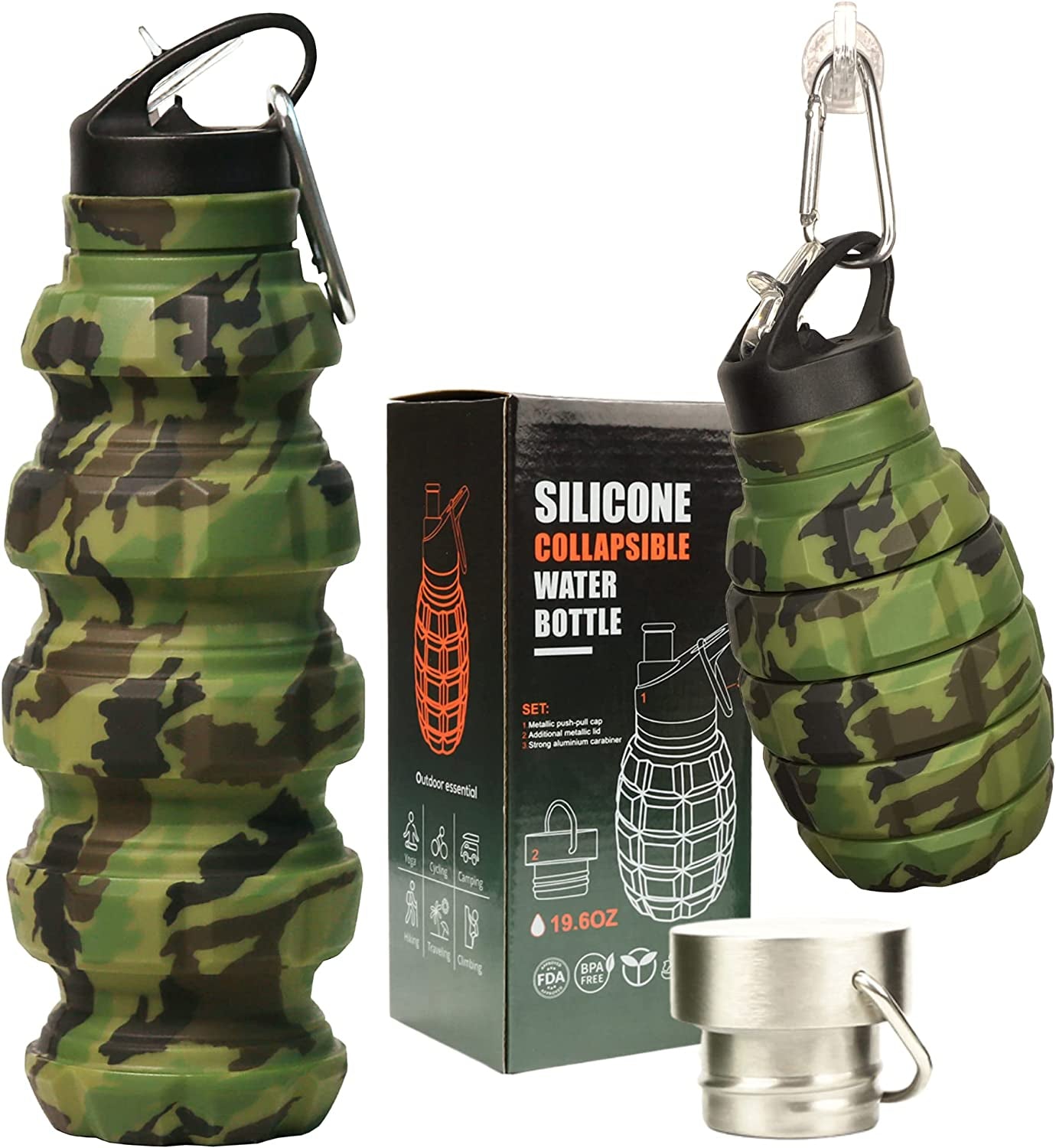 20 oz Camo Collapsible Water Bottle with 2 Lids, Carabiner, and Box - Ideal for Hiking, Camping, and as a Gift for Men - Portable Army Military-style Gym Bottle.