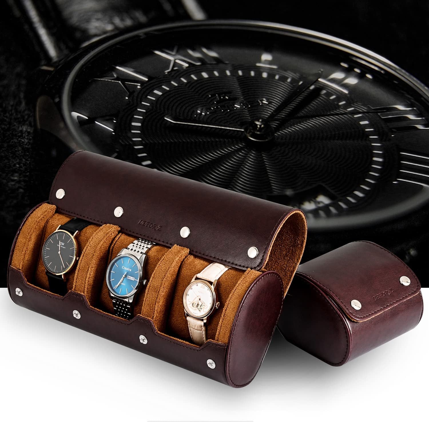 Men's Portable PU Leather Watch Roll Travel Case - Single Watch Organizer and Display Storage Holder in Brown