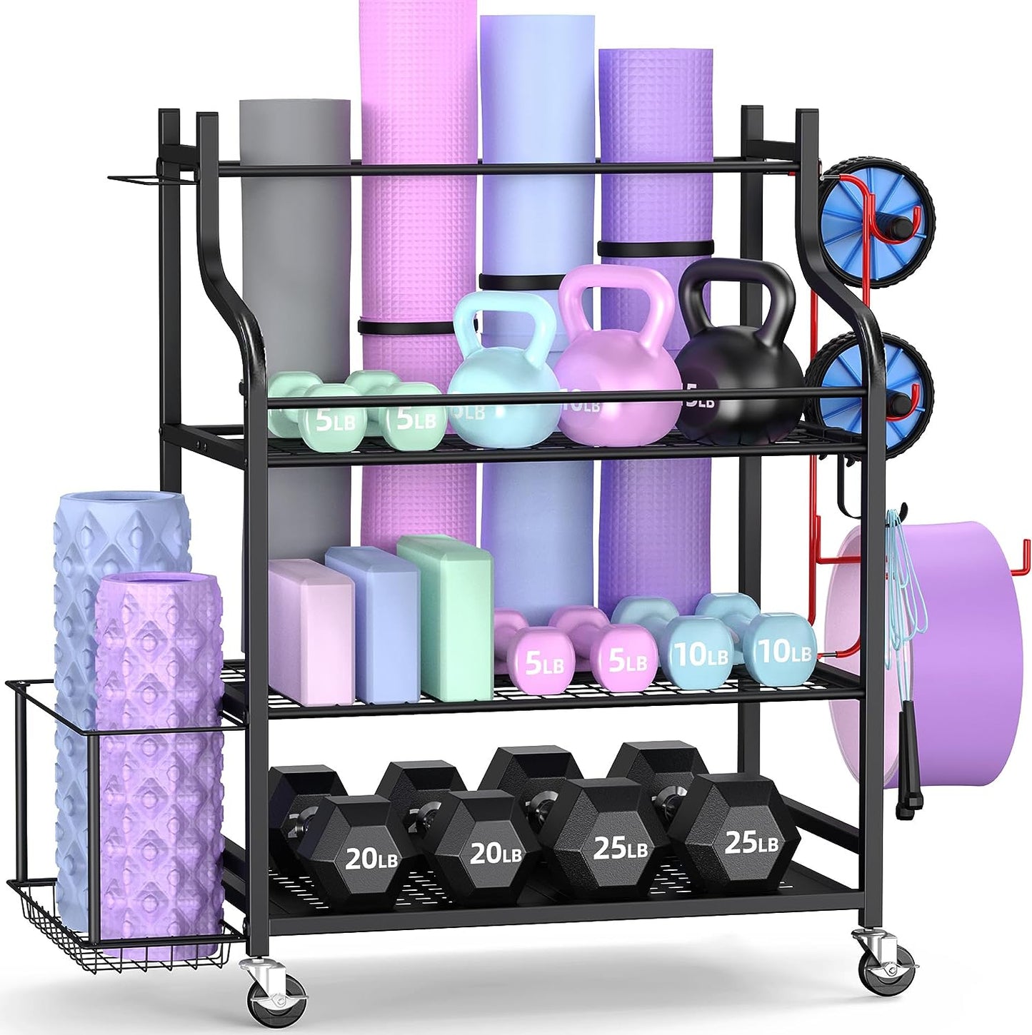 Yoga Mat Storage Rack with Wheels and Hooks - Keep your home gym organized. Store dumbbells, foam rollers, yoga straps, resistance bands, and yoga mats neatly in one place.