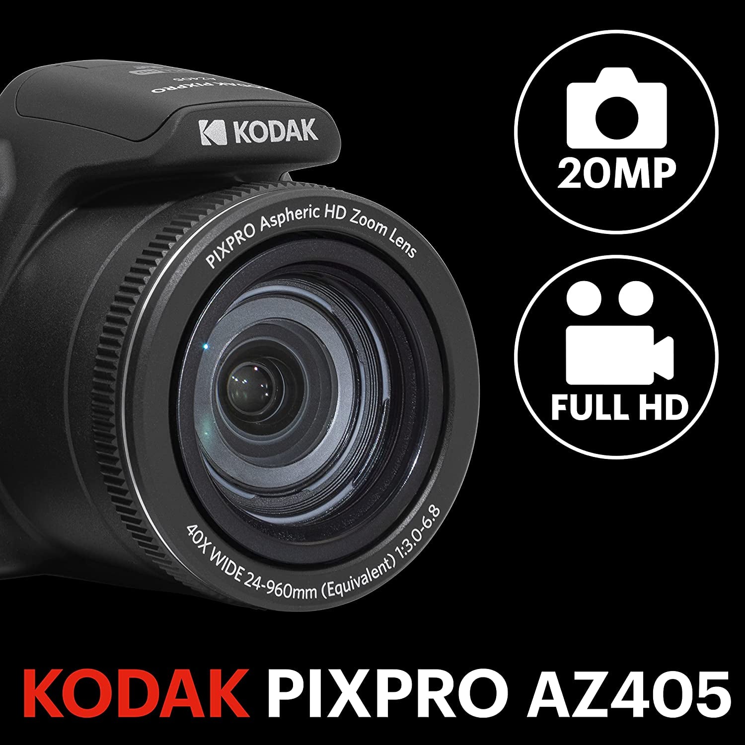 Astro Zoom AZ405-BK 20MP Digital Camera: 40X Optical Zoom, 24mm Wide Angle, 1080P Full HD Video, 3" LCD Screen (Black)