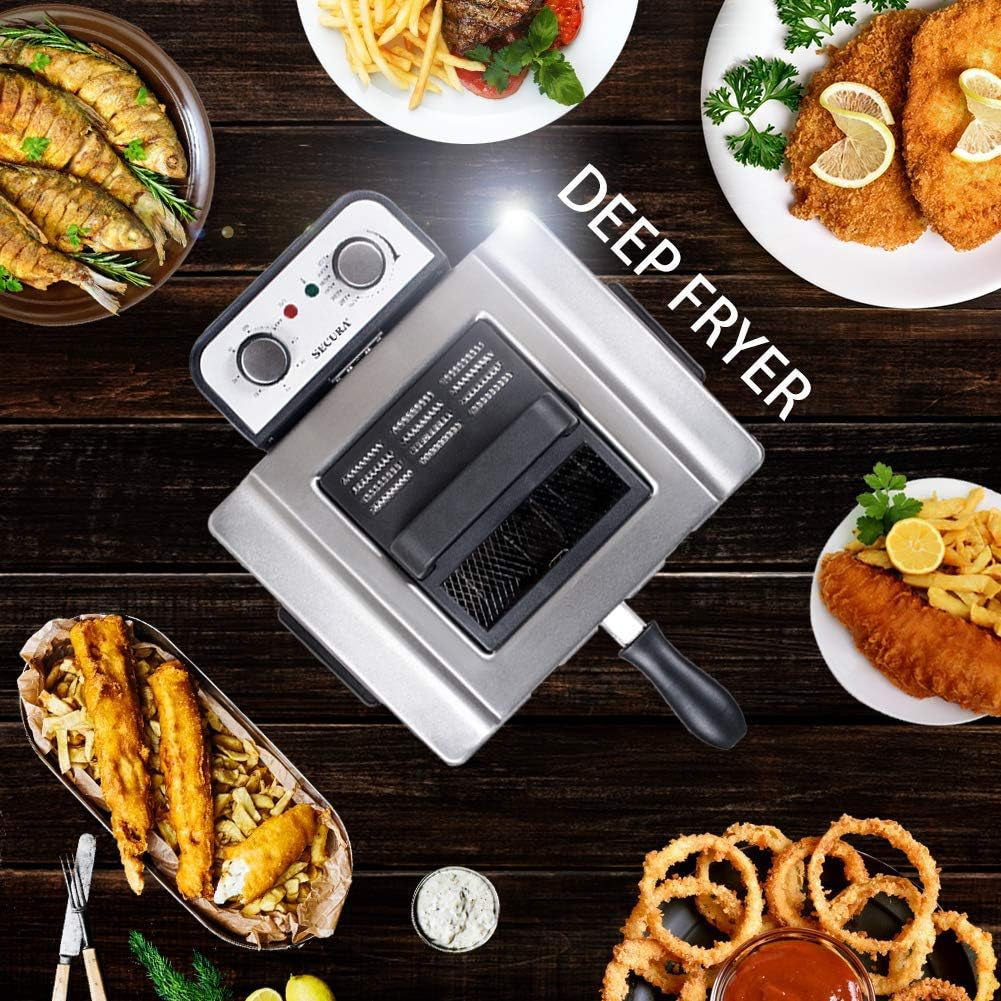  Professional Grade Stainless Steel Electric Deep Fryer - 1800W-Watt, Large 4.0L/4.2Qt Capacity, Triple Basket and Timer Included, Gray