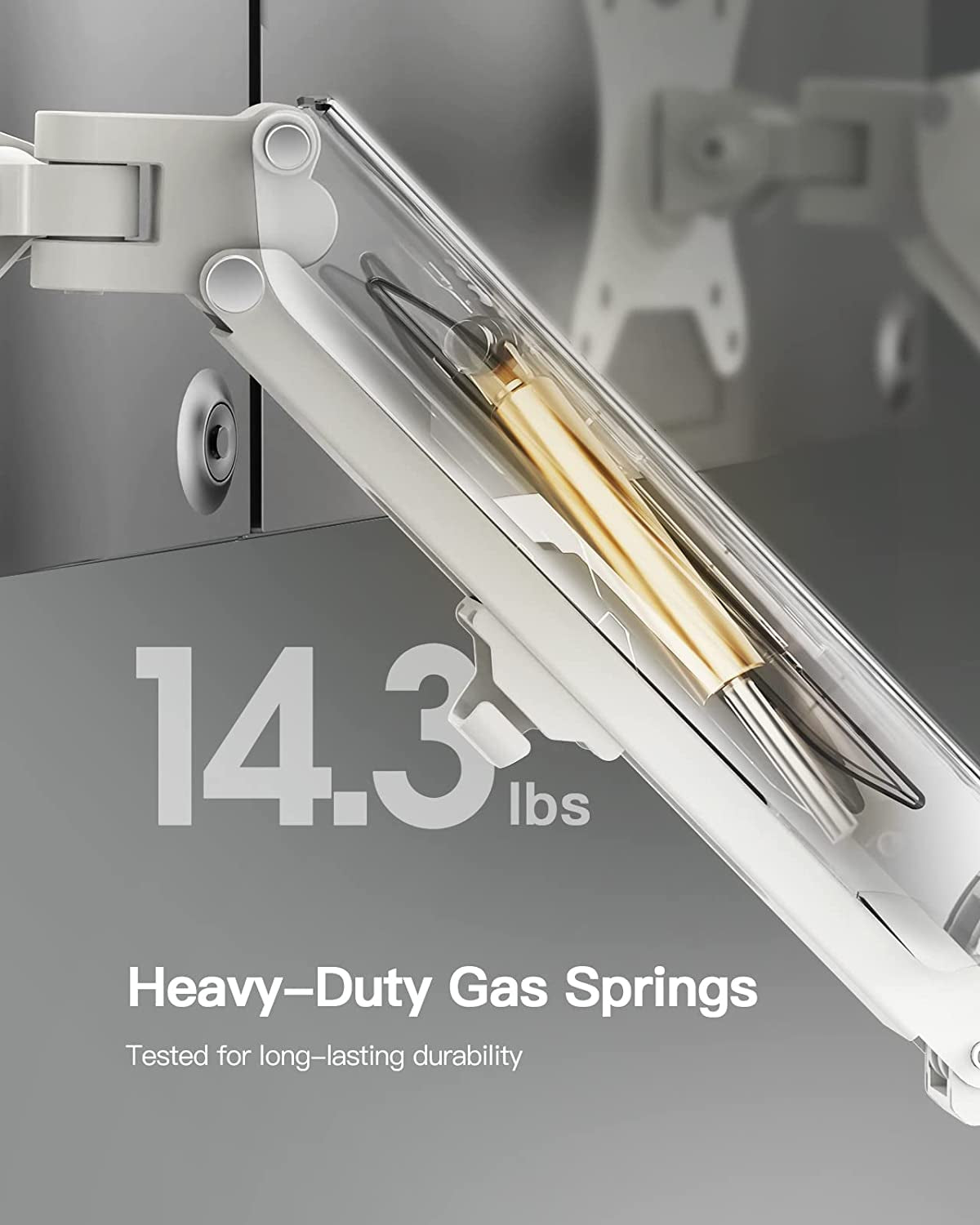 White Dual Monitor Stand with Gas Spring Adjustment - Supports 13-27 inch Screens up to 14.3 lbs Each, Featuring Dual Arms for Swivel, Tilt, Rotation, and Extension, Max VESA 100x100 Compatibility.