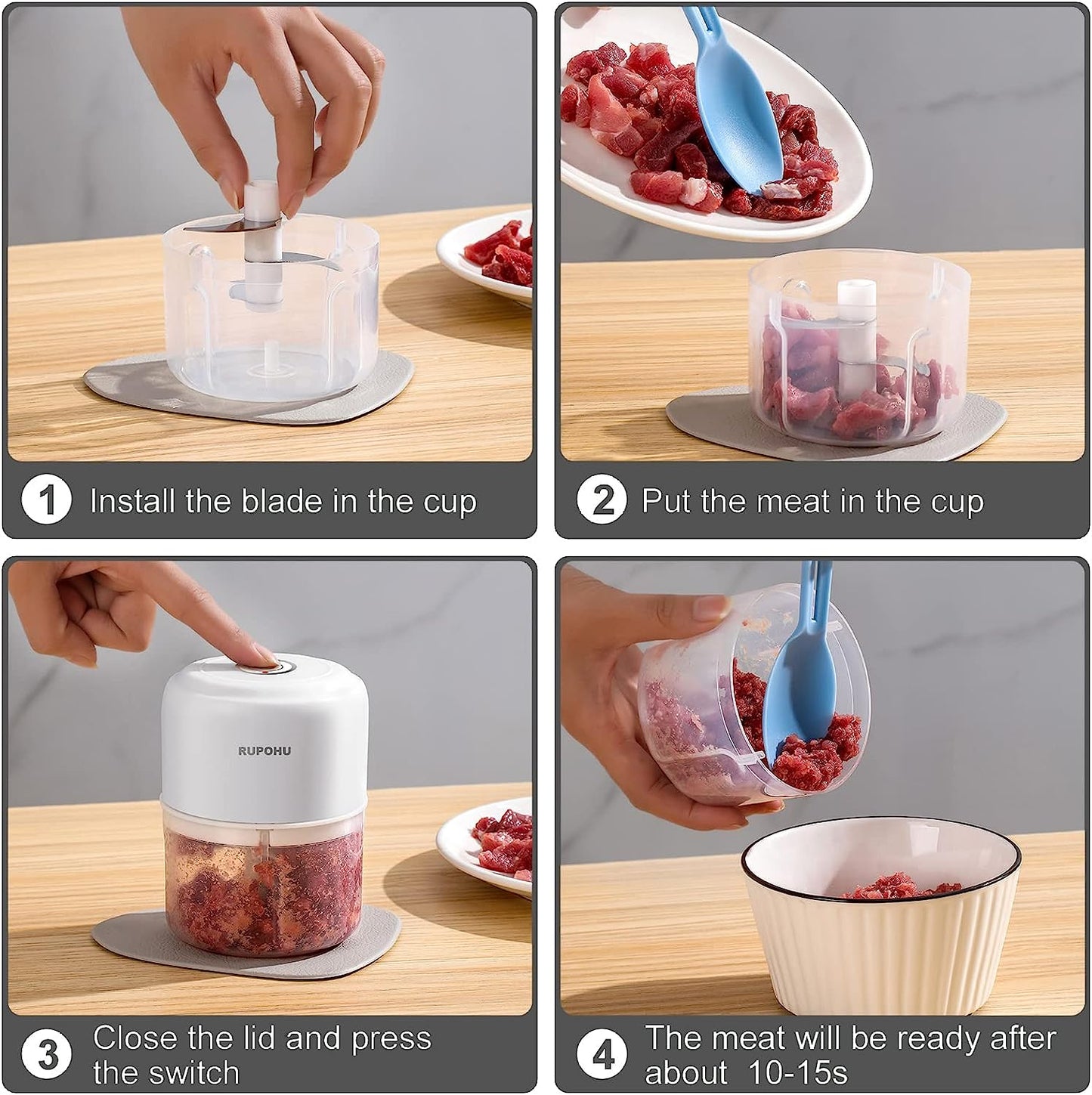 White Electric Garlic Chopper: Mini Portable Veggie Chopper with a 250ML+100ML capacity, suitable for grinding and mashing garlic, onions, ginger, chili, fruit, meat, and more. It's a wireless food processor ideal for various kitchen tasks.