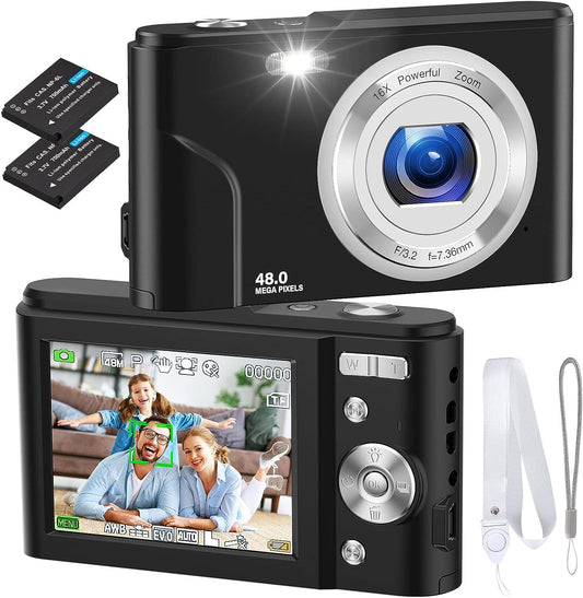 Digital Camera  Autofocus FHD 1080P Vlogging Camera with 48MP resolution. It features a 16X Zoom, 2 Charging Modes, and is designed for Kids, Teens, and Students. Available in Black.