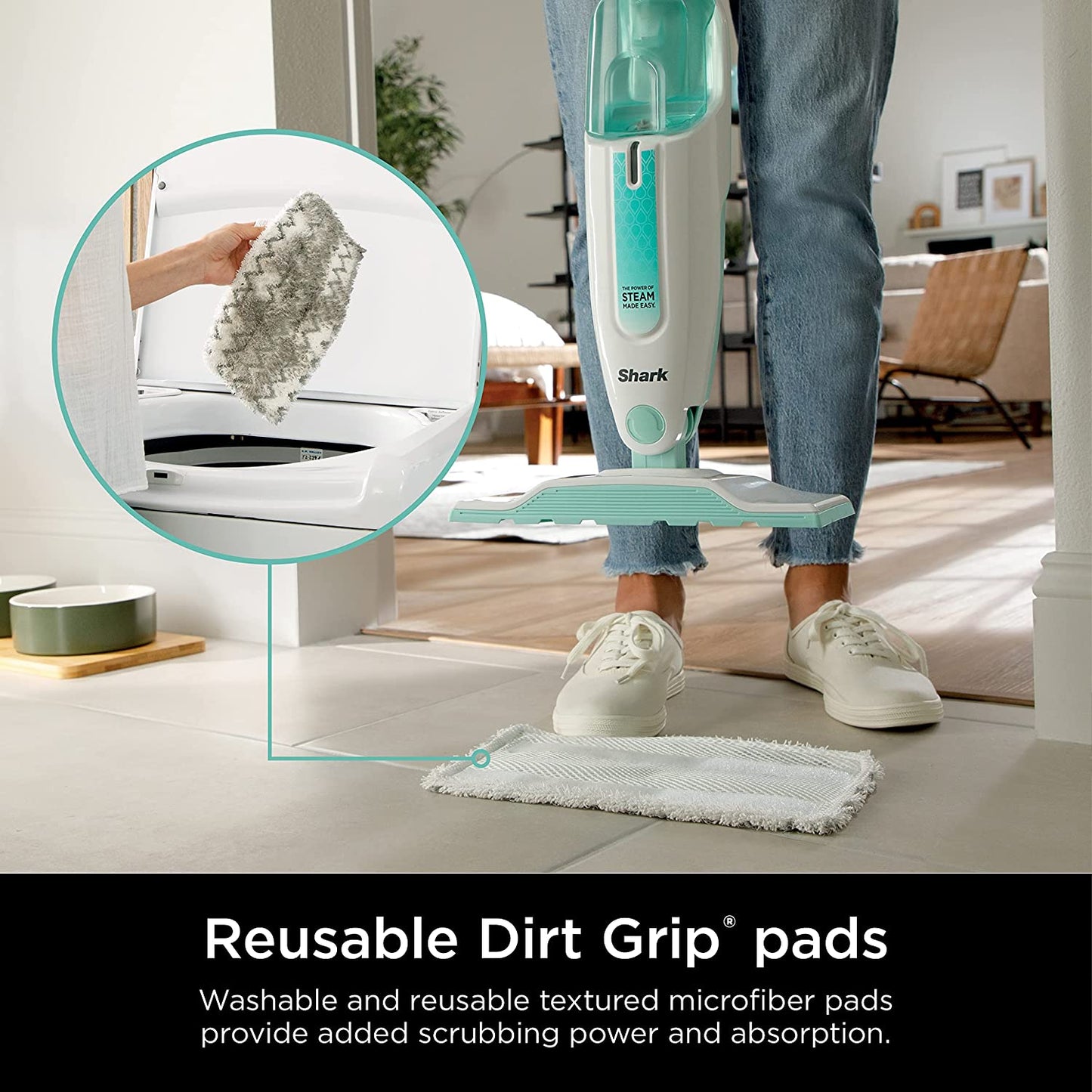 S1000 Steam Mop: Lightweight, Safe for All Sealed Hard Floors (Tile, Hardwood, Stone, Laminate, Vinyl, and More), Includes 2 Machine Washable Dirt Grip Pads, Removable Water Tank - White/Seafoam.