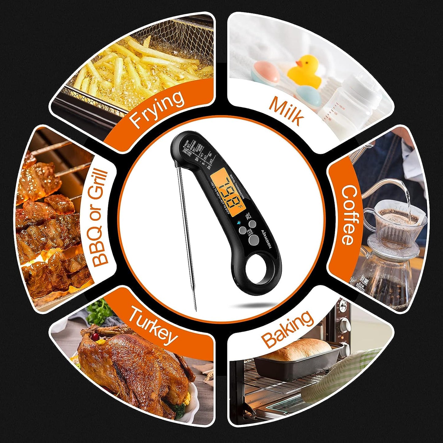 Digital Instant Read Meat Thermometer - Designed for Grill, Cooking, and More - Offers Fast and Precise Temperature Reading - IP67 Waterproof - Backlight and Calibration - Suitable for Kitchen, Oil Deep Fry, BBQ, and Candy 