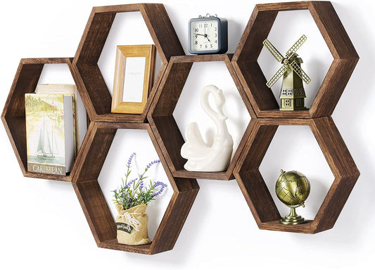 Set of 6 Hexagon Floating Shelves - Farmhouse Honeycomb Wall Storage Shelves made from Wood. These Hexagonal Shelves are Wall Mounted, Hanging, and add a Rustic Touch to Bedroom, Living Room, Hallway, and Office Decor in Brown.