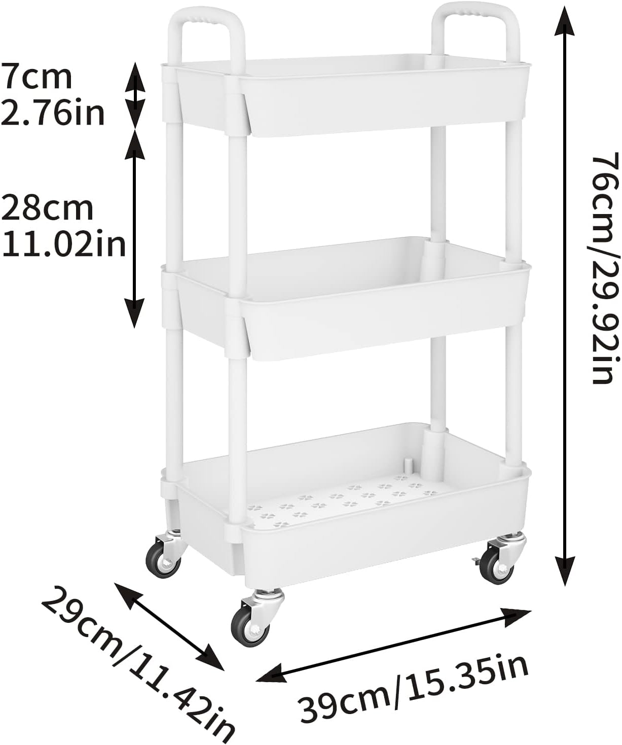 3-Tier Multifunction Kitchen Rolling Utility Cart - Storage Organizer with Handle and 2 Lockable Wheels for Kitchen,Bathroom,Living Room,Office,White