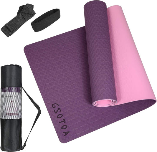 Non-Slip Yoga Mat with Thickness for Fitness Exercises, Comes with Easy-Cinch Yoga Mat Carrier Strap - Suitable for Home Gym Workouts 