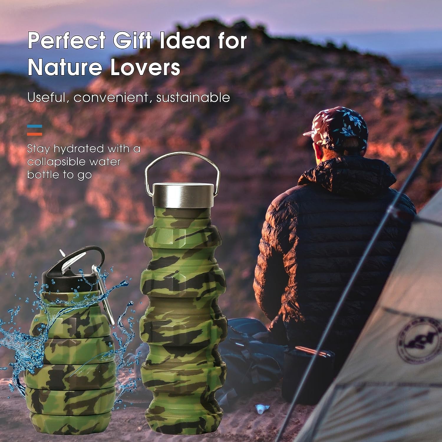 20 oz Camo Collapsible Water Bottle with 2 Lids, Carabiner, and Box - Ideal for Hiking, Camping, and as a Gift for Men - Portable Army Military-style Gym Bottle.