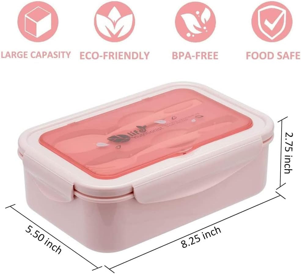 Bento Lunch Boxes for Adults and Kids - 1100 ML Capacity - Includes Spoon & Fork - Durable and Leak-Proof Design for On-The-Go Meals - Made from BPA-Free and Food-Safe Materials - Pink Color.