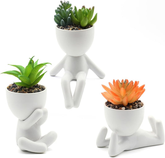 Set of 3 Artificial Succulent Plants in Ceramic Pots - Cute Human-Shaped Faux Succulents, Perfect for Desk, Shelves, Bathroom, Living Room, and Office Decoration in White.