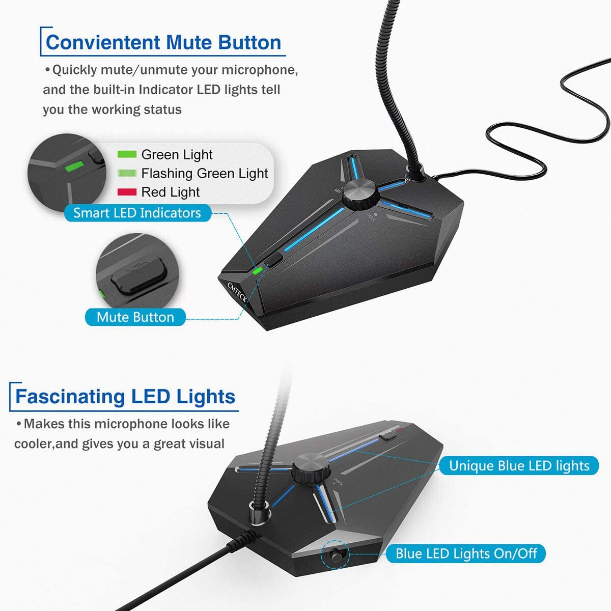 USB Desktop Condenser Microphone with Mute Button and LED Indicators, Volume Knob, Compatible with Windows/Mac