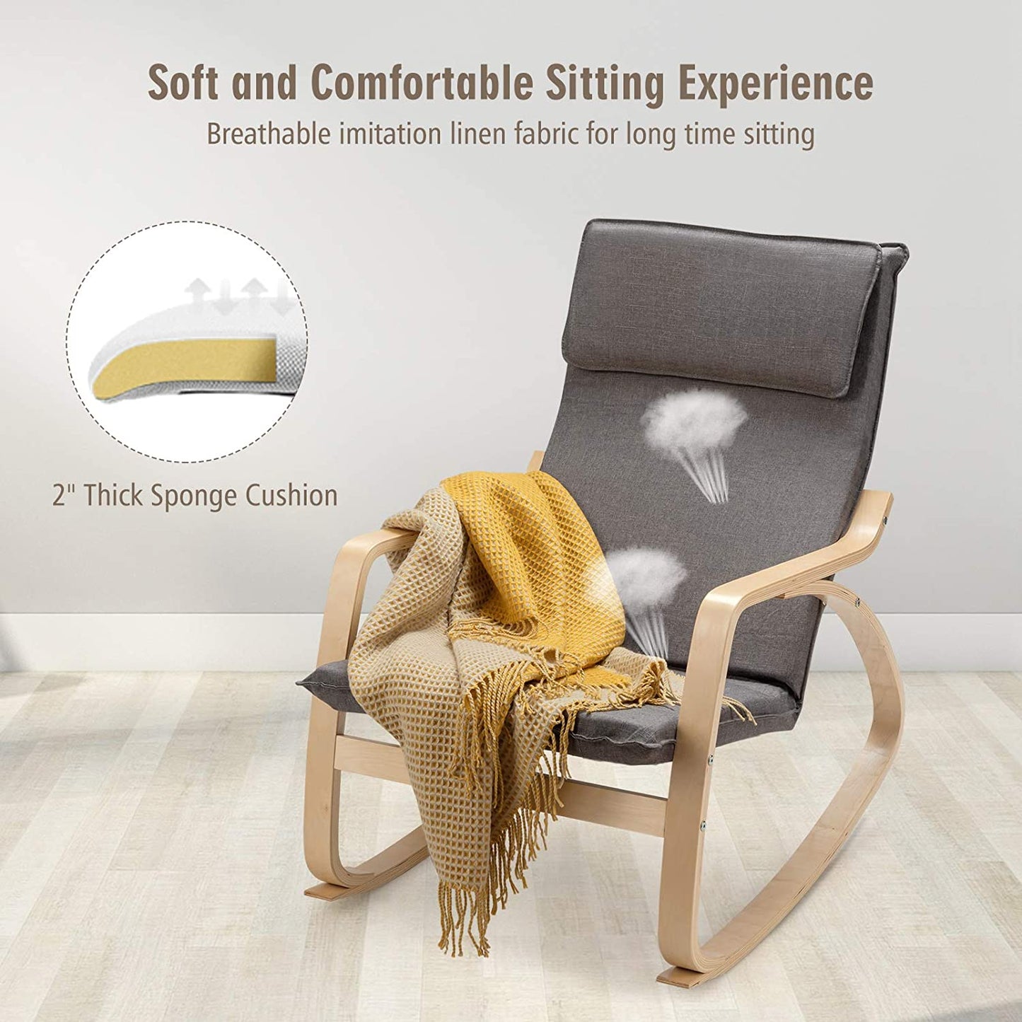  Rocking Chair with Removable Cushion, Leisure Armchair Suitable for Living Room, Bedroom, Balcony, Nursery Room Ergonomic Chair (1, Gray)