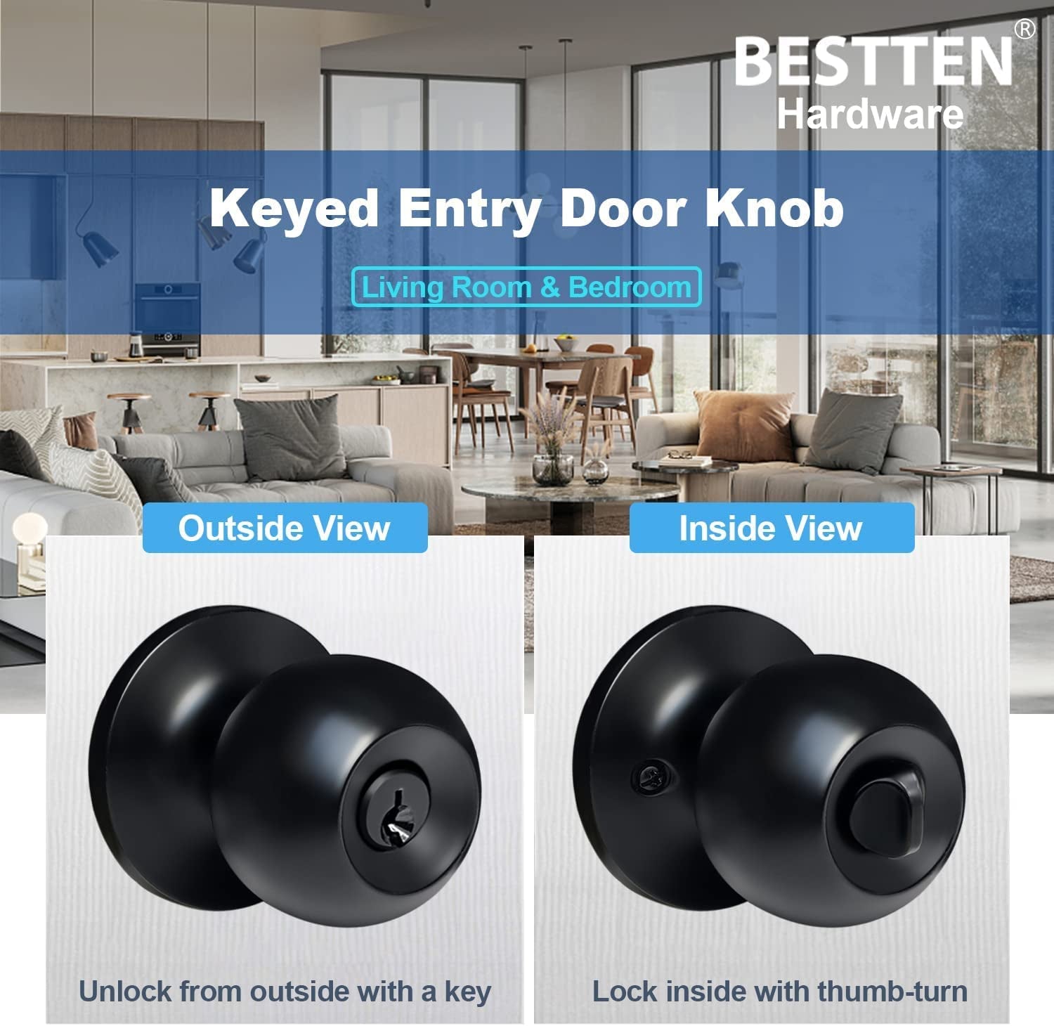 Matte Black Keyed Entry Door Knob - A Standard Ball-Shaped Entrance Door Lock with a Key, Constructed from All Metal for Durability.