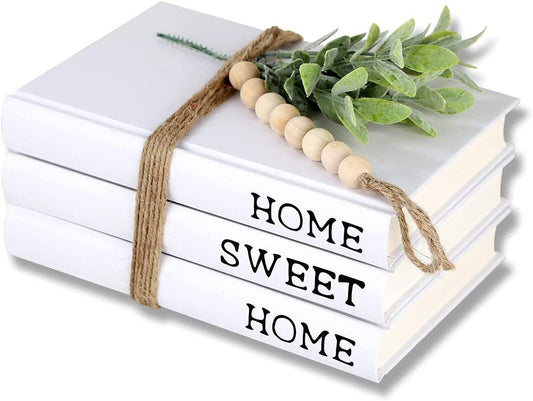 Set of 3 Decorative White Hardcover Books - These Farmhouse Stacked Books are perfect for decorating coffee tables and shelves. They spell out "Home Sweet Home" and add a charming touch to your decor.