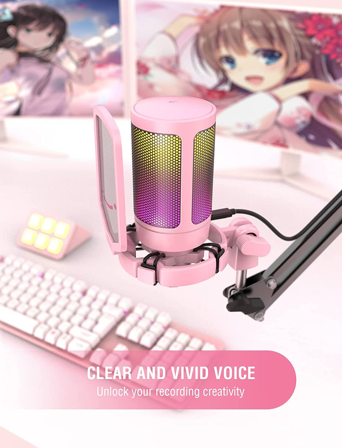 USB Gaming Microphone for PC, PS4, PS5 - Streaming RGB Computer Condenser Cardioid Mic with Mute Button and Volume Gain Control - Ideal for Youtube, Video Podcasts - Pink A6P