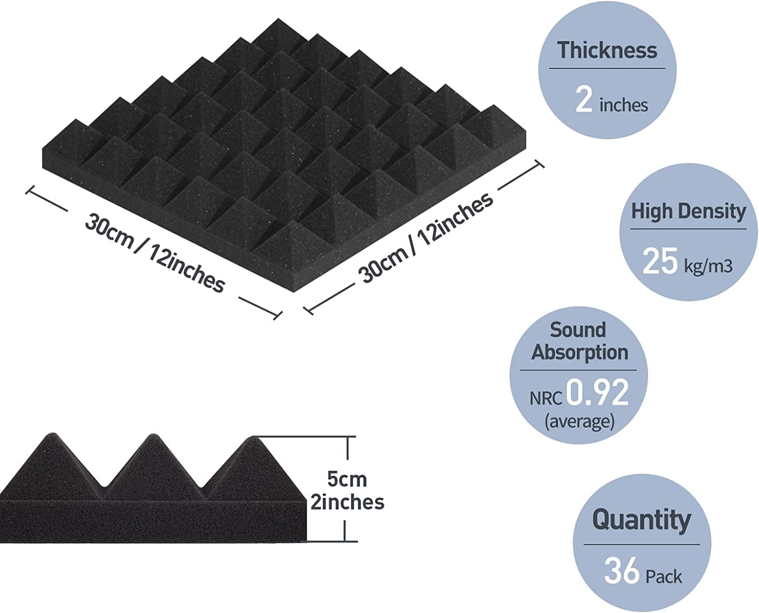 Soundproof Panels - A Set of 36 Pyramid-Shaped Acoustic Foam Panels Measuring 12 x 12 x 2 Inches, Designed for Sound Absorption, Made from High-Density and Fire-Resistant Material, Ideal for Wall Soundproofing, in Black.