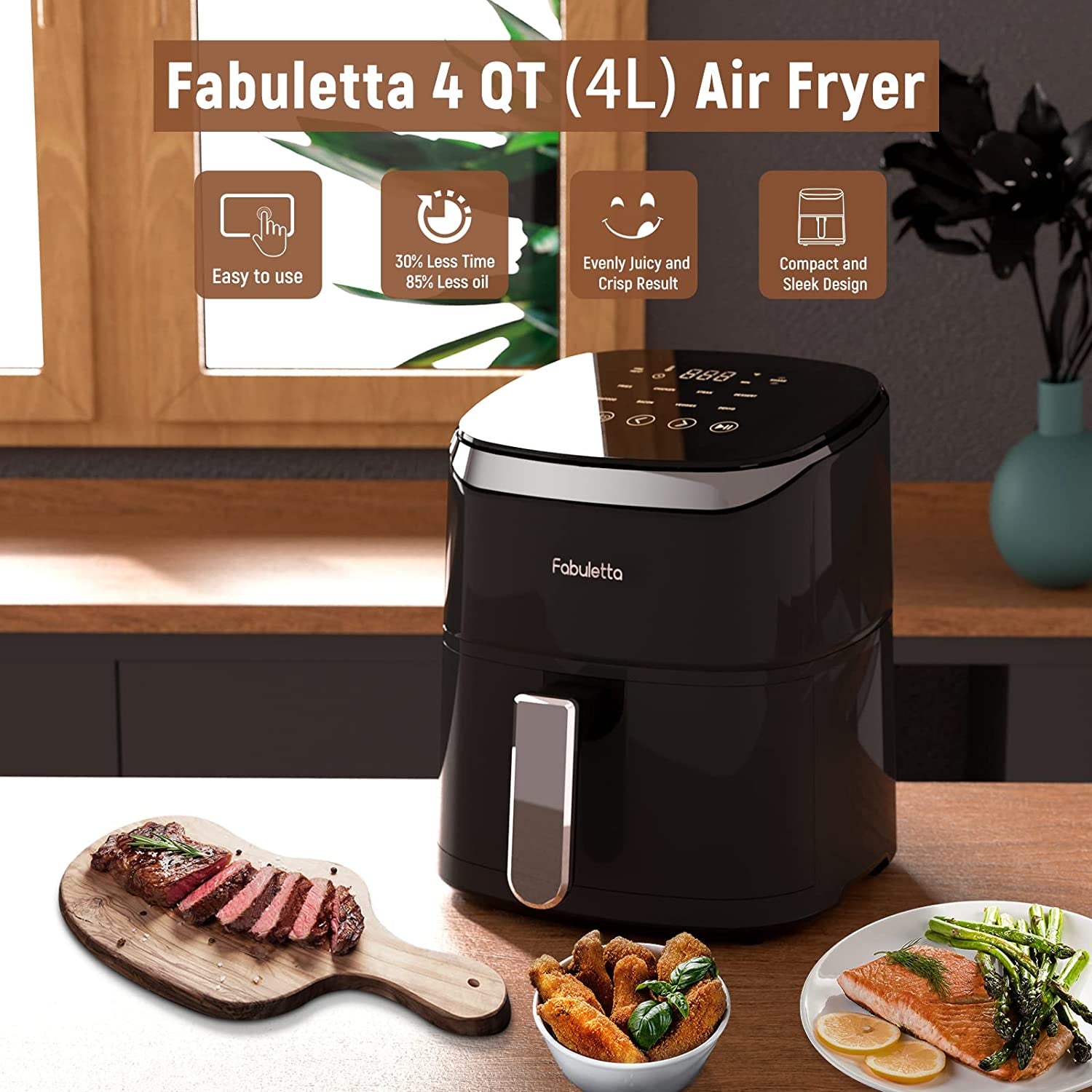 Compact 4QT Air Fryer with 9 Customizable Smart Cooking Programs - Features Shake Reminder, 450°F Digital Temperature Control, Tempered Glass Display, Dishwasher-Safe & Nonstick Components; Suitable for 2-4 People. Available in Black 