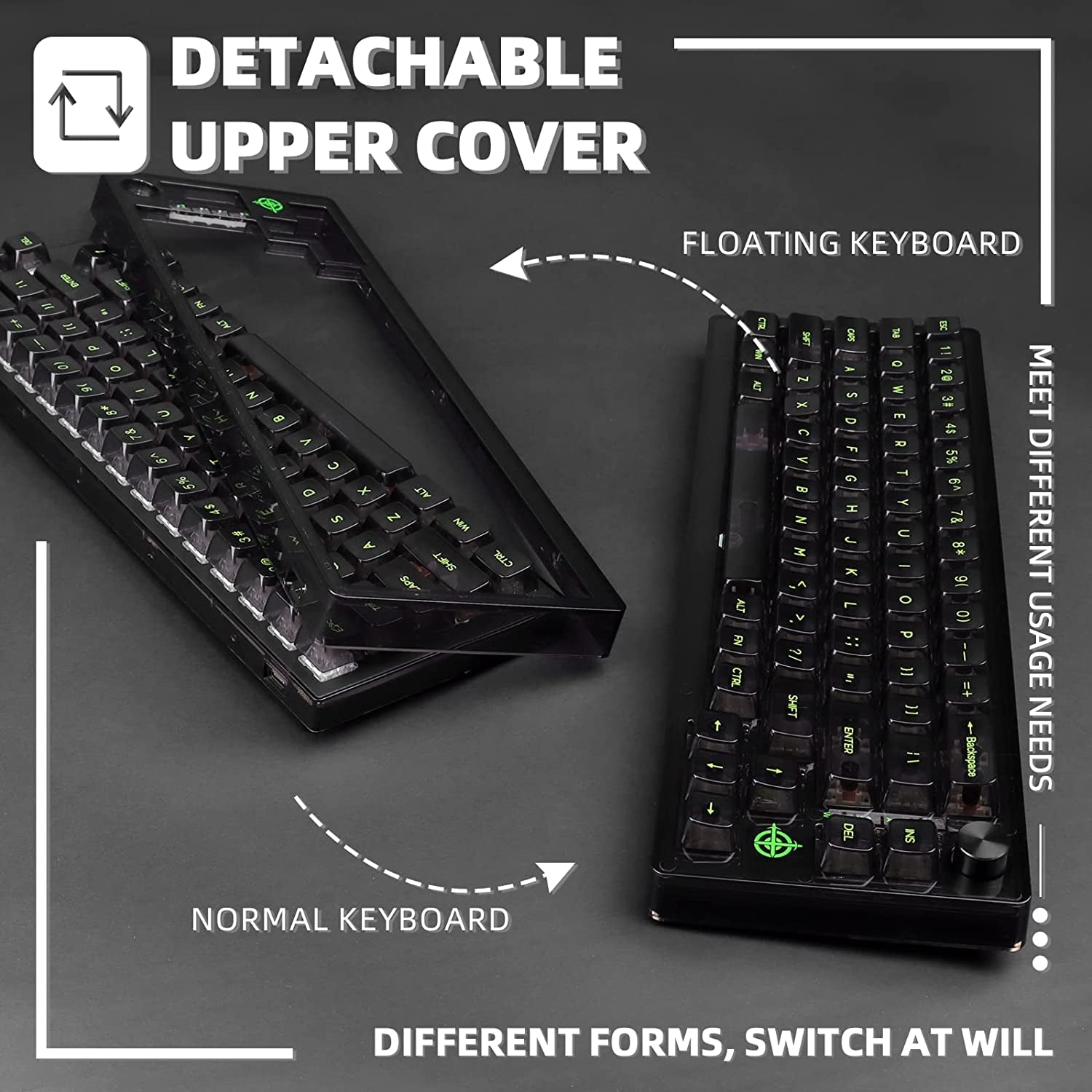 65% Wired Mechanical Gaming Keyboard - Hot-Swap and Programmable, featuring Transparent 66 Key Full Side RGB, OWERTY Linear Ice White Switch, Custom Coiled USB-C Cable, Media Knob, and 2-IN-1 Case. Compatible with Win, PC, and Mac Black