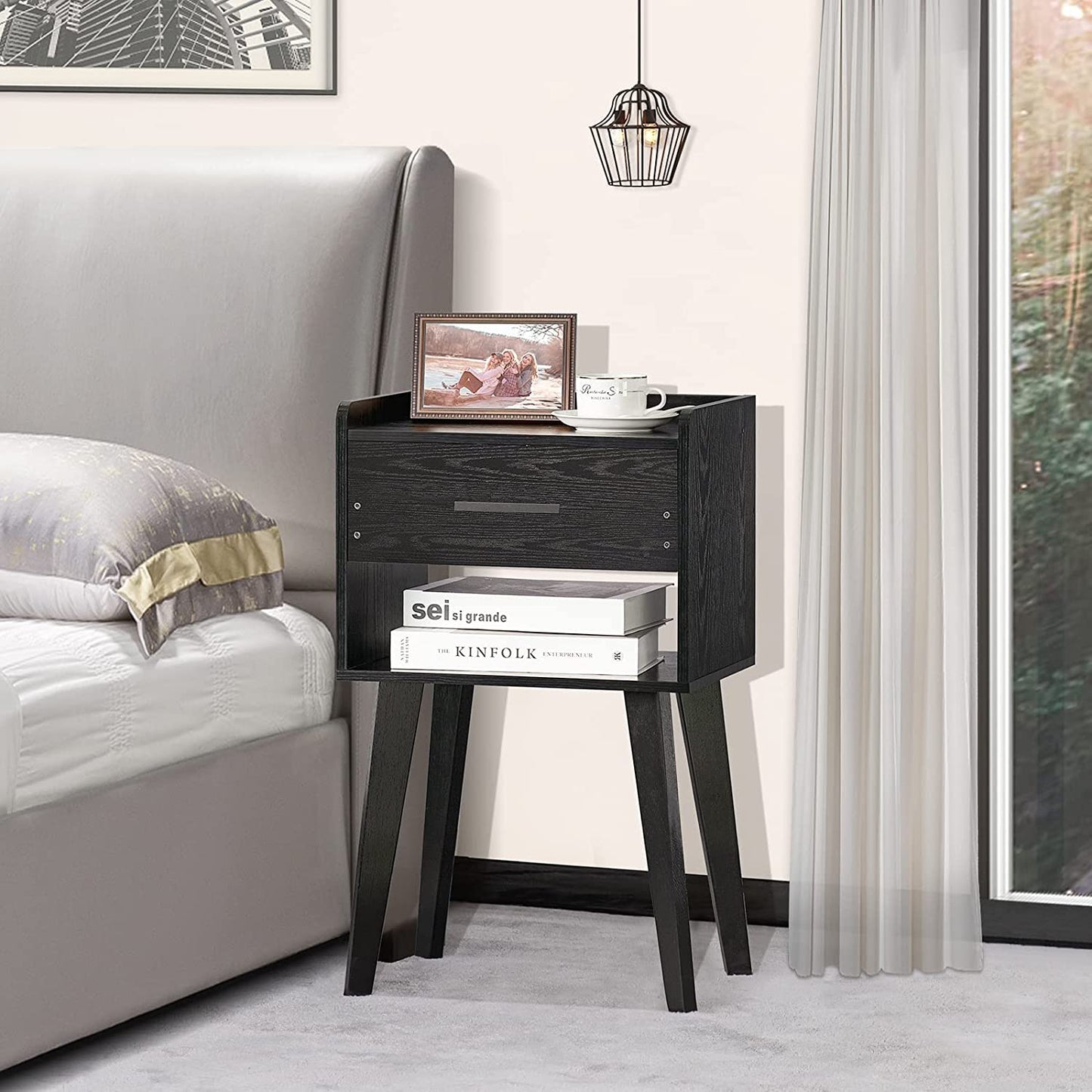 Set of 2 Modern Black Nightstands: Bedside Tables with Drawers, Wood End Tables Perfect for Small Spaces, Providing Storage in the Bedroom, Living Room, or Dorm Room, Each Measuring 26.38'' in Height