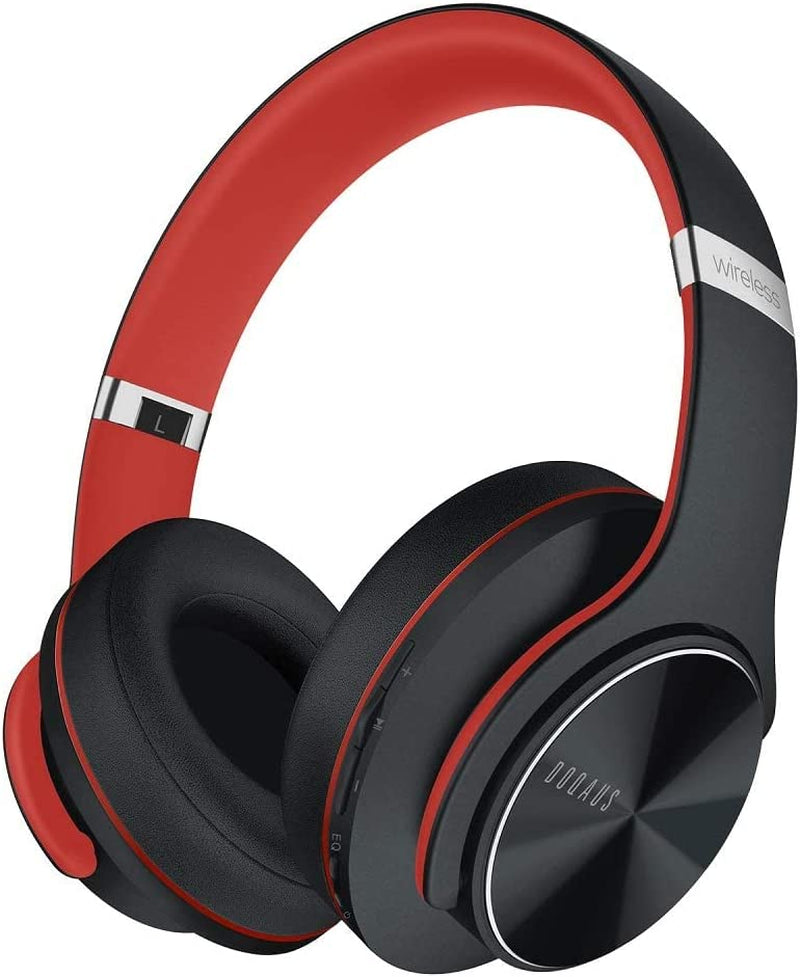 Wireless Headphones with Extended Playtime, Bluetooth Headphones with Multiple EQ Modes, High-Fidelity Over-Ear Headphones with Mic and Comfortable Earpads for Cellphone/TV/PC/Laptop (Black-Red)