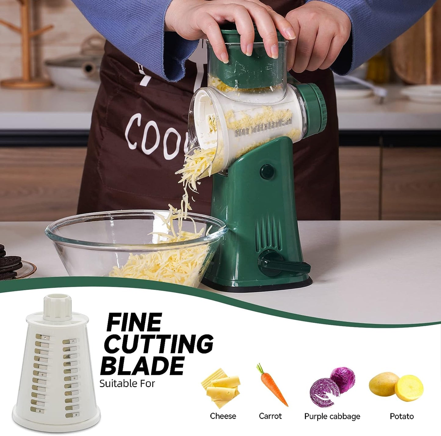 Multi-Blade Rotary Cheese Grater - Handheld Parmesan Cheese Grater with 5 Interchangeable Steel Blades, Versatile Tool for Grating Cheese and Serving as a Vegetable Slicer, Chopper, and Dicer