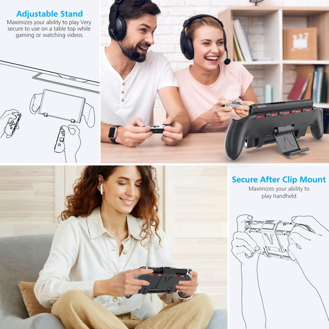 Switch Pro Grip with Enhanced Adjustable Stand and Cartridge Holders for Nintendo Switch, Ergonomic Asymmetrical Grip Design, 5 Game Slots, and 4 Thumb Caps Included