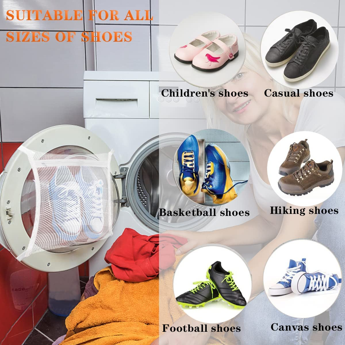 Sneaker Drying & Washing Machine Bag - Designed for Shoes, Clothing, and Laundry. Features an Elastic Strap Adjuster for Easy Installation on Most Dryer Machine Doors in the Laundry Room. Dimensions: 15.7 x 15.7 Inches.
