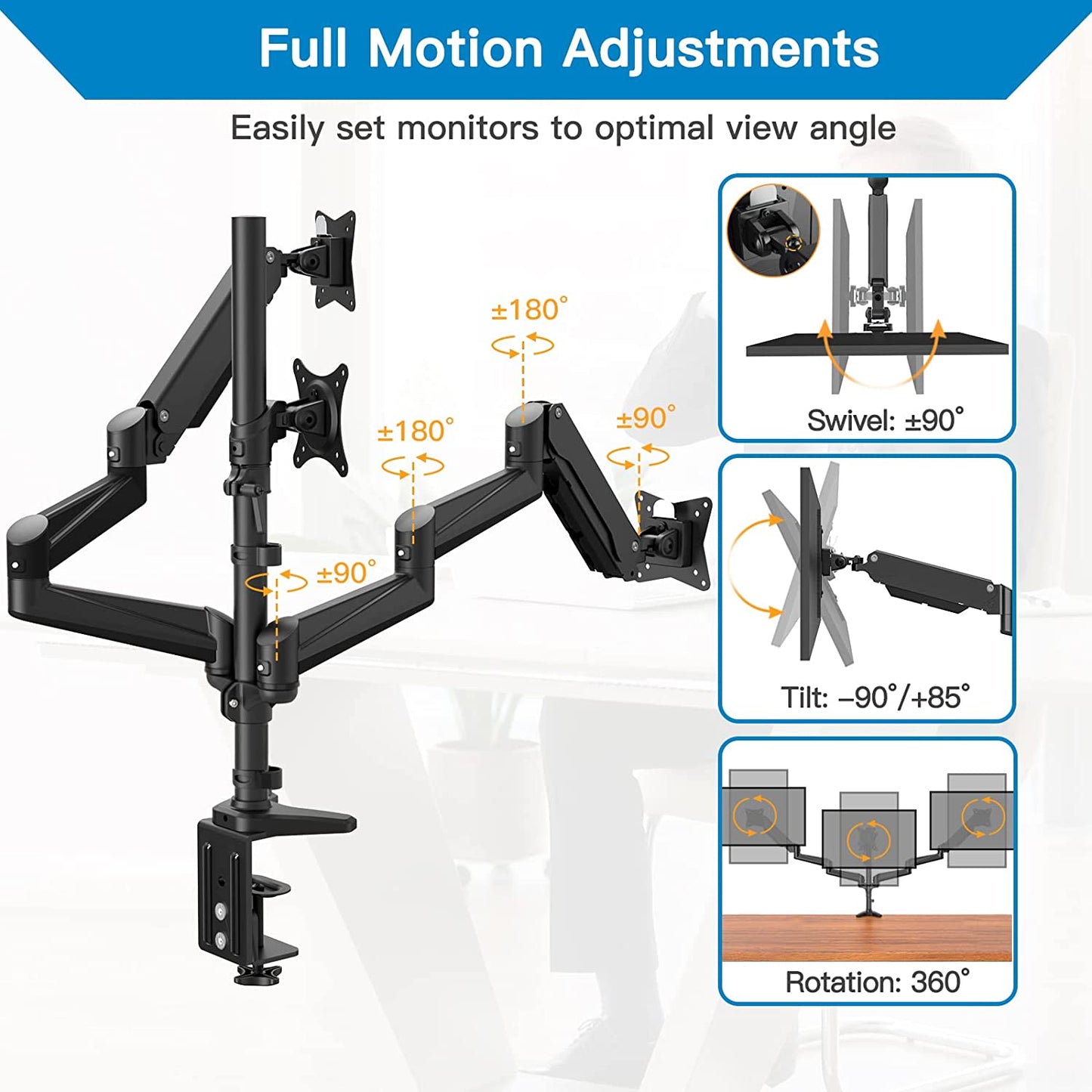 Triple Monitor Stand - Fully Adjustable Aluminum Gas Spring Mount for Three 17-32 inch LCD Computer Screens with Clamp, Grommet Kit - Black