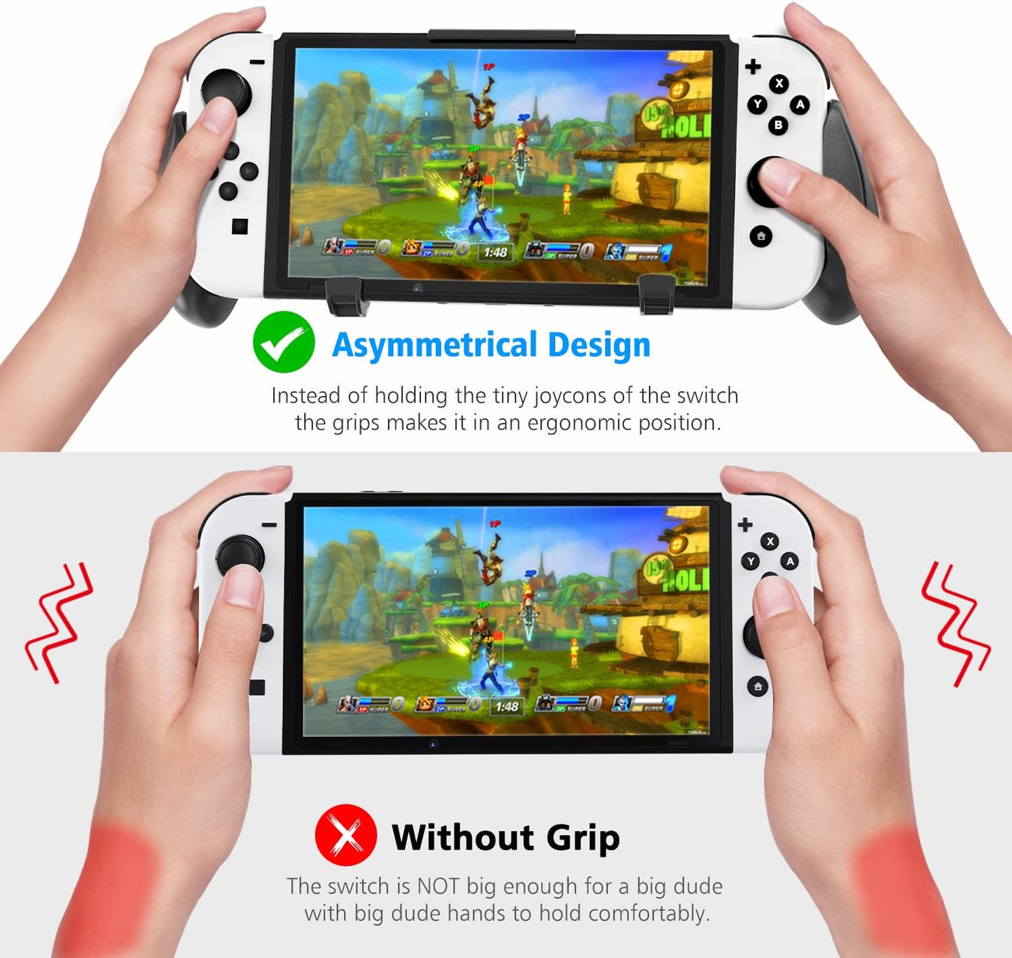 Switch Pro Grip with Enhanced Adjustable Stand and Cartridge Holders for Nintendo Switch, Ergonomic Asymmetrical Grip Design, 5 Game Slots, and 4 Thumb Caps Included