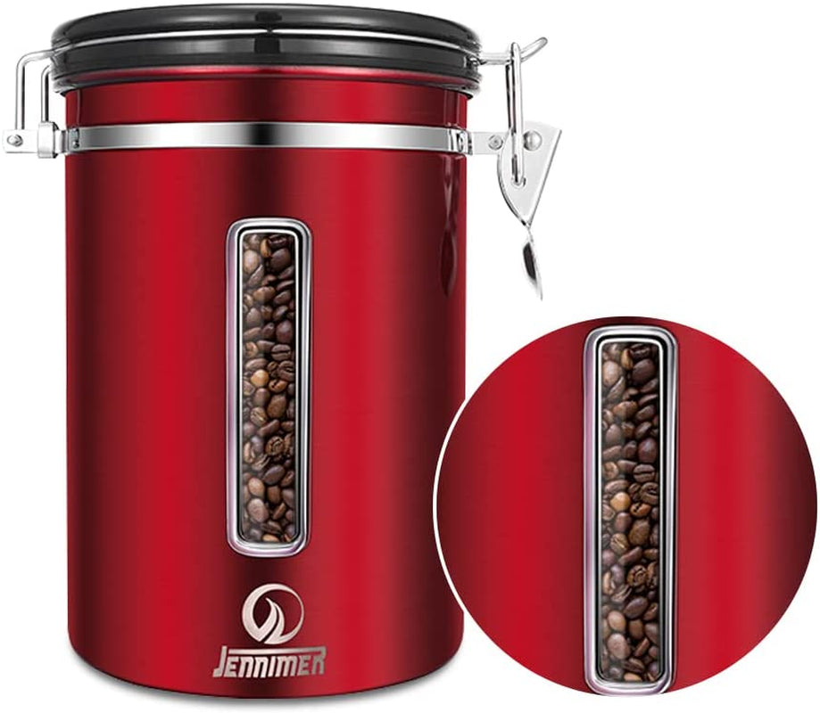 Stainless Steel Large Coffee Canister - Airtight Coffee Storage Container with Transparent Window, Date Tracker, CO2-Release Valve, and Measuring Scoop - Ensures Freshness for Your Coffee - Red Color