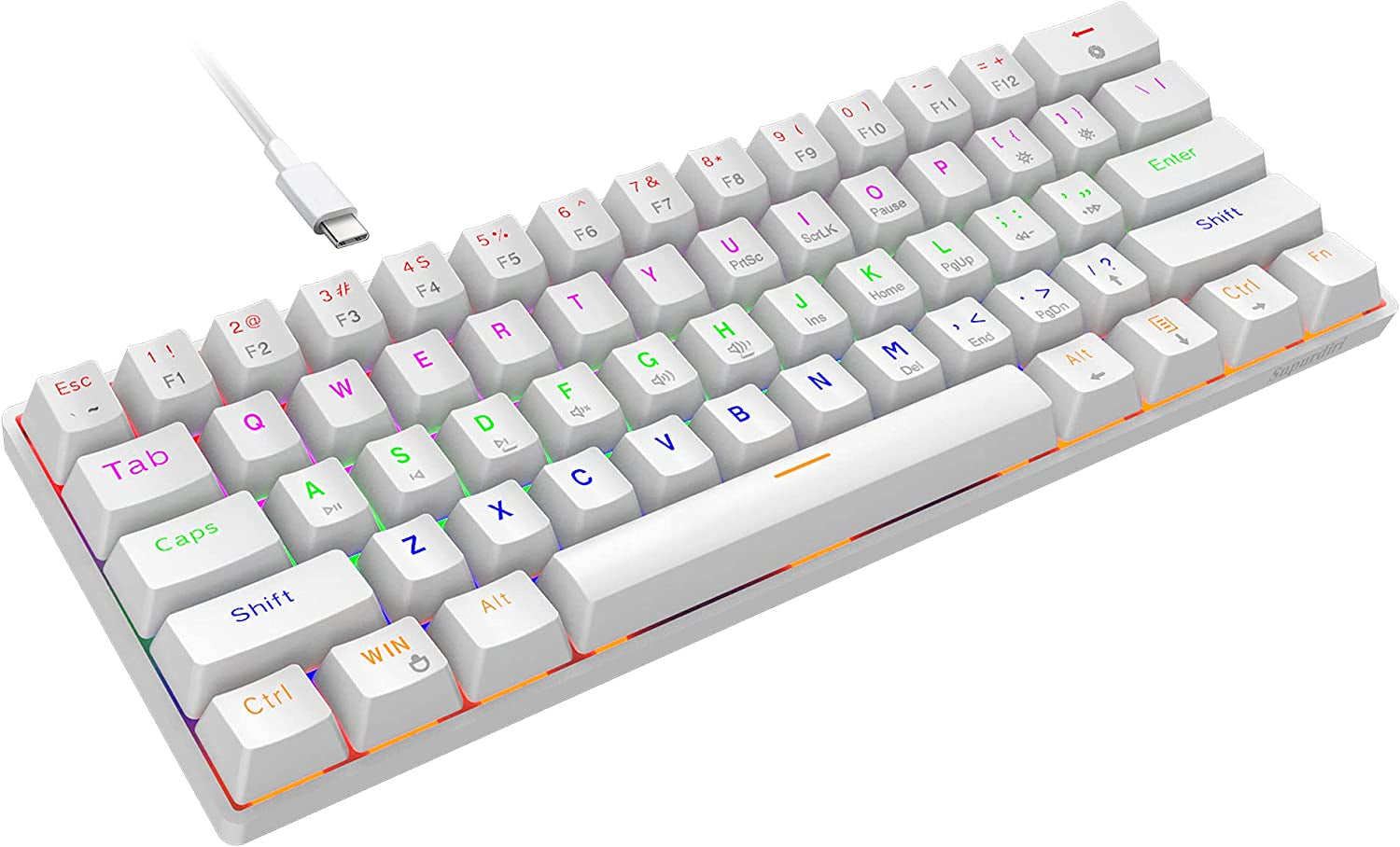 Ultra-Compact White Wired 60% Mechanical Gaming Keyboard - 61 Key Keyboard with Blue Switch, Anti-Ghosting, RGB Backlit, and Double Foot.