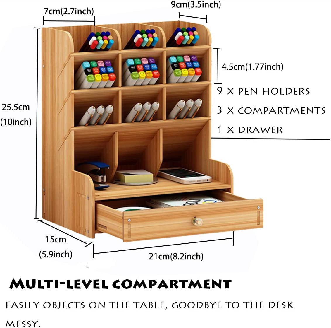 Wooden Desk Organizer with Drawers and Pen Holder - Office Supplies Storage Box in Yellow