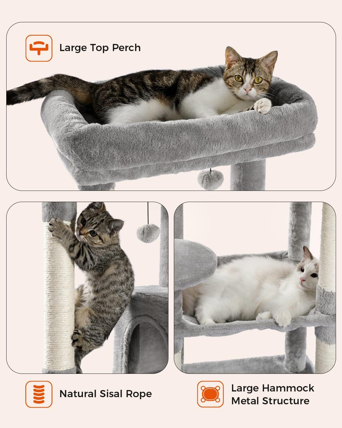 Cat Tree for Large Cats - Sturdy Metal Frame, Spacious Hammock, and Multi-Level Design - Ideal Indoor Cat Tower with Condo House, Scratching Posts, and Top Perch - 56.3" [143cm] Height - Elegant Grey Color