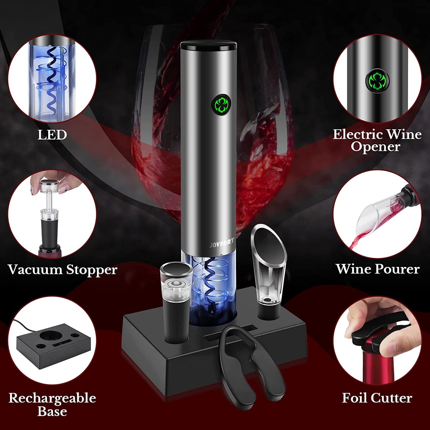 Electric Wine Opener Set: Includes Wine Bottle Opener with Charging Base, Automatic Corkscrew, Aerator, Pourer, and Foil Cutter - Perfect Gift for Wine Lovers