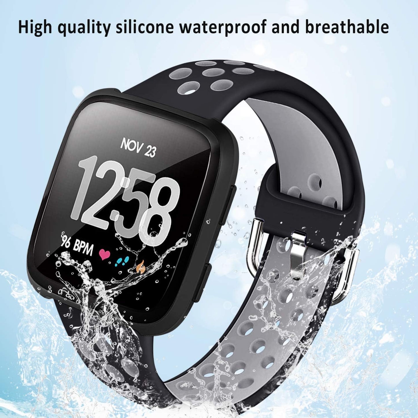 3-Pack Soft Silicone Sport Bands Compatible with Fitbit Versa 2 for Men and Fitbit Versa for Women. These bands are also compatible with Fitbit Versa Lite and Versa SE, available in both Large and Small sizes with Silver Metal Accent.